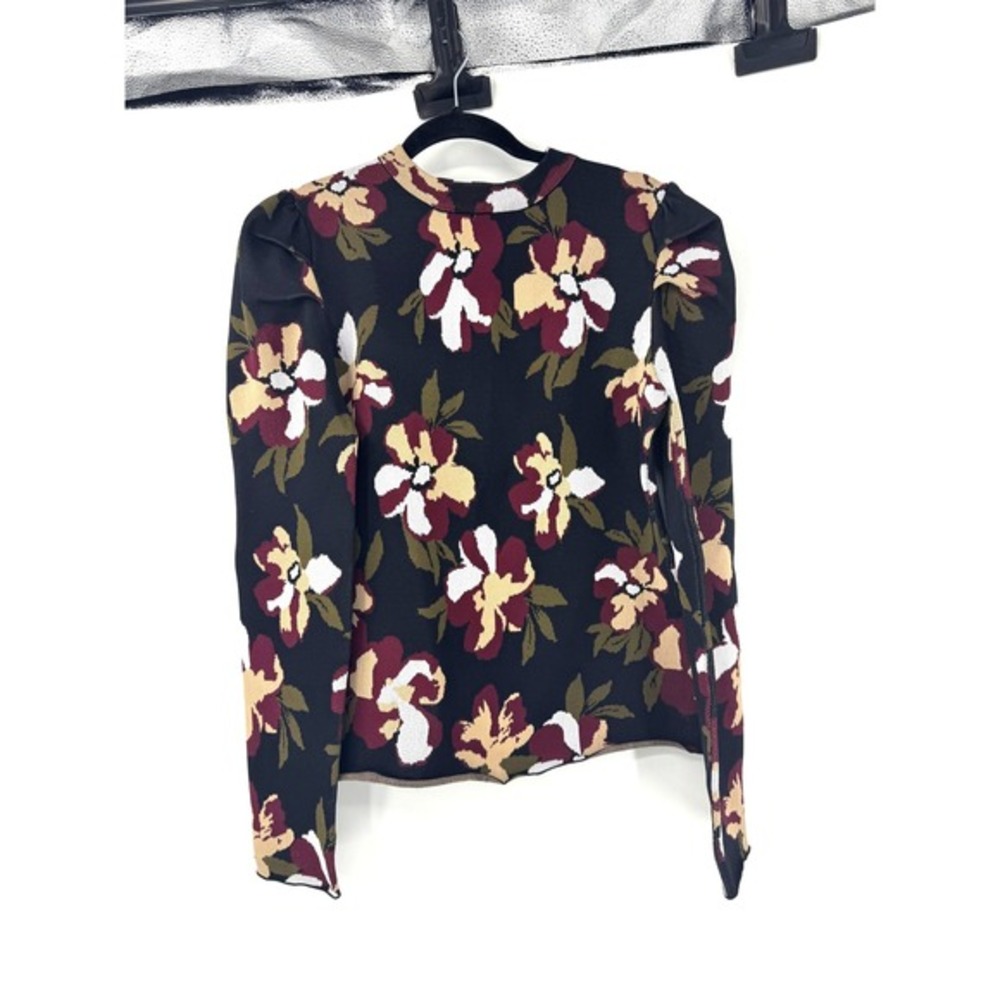 Shop Stevie Floral Puffed Shoulder Knit Sweater‎ Top Black Burgundy Large